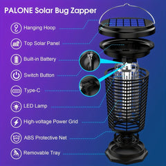 An exploded view diagram of a PALONE solar bug zapper showing its components and features.