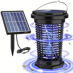 A solar-powered mosquito repellent lamp with a separate solar panel and USB charging cable.