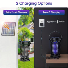 A solar and USB rechargeable mosquito repellent lamp with an ultraviolet light grid.