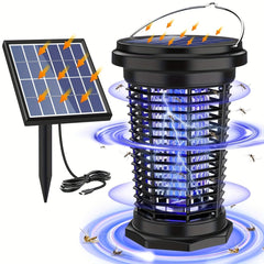 A solar-powered mosquito lamp with a separate solar panel and a blue ultraviolet light grid.