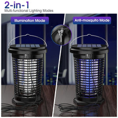 A solar-powered mosquito repellent lamp with two lighting modes and a USB charging cable.