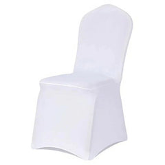 A white stretch spandex chair cover designed for banquet or wedding seating.