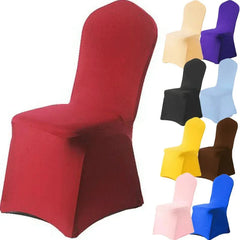 A red spandex chair cover shown alongside a variety of other available solid color options.
