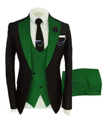 A slim-fit three-piece suit featuring a black jacket with green lapels, a green vest, and trousers.