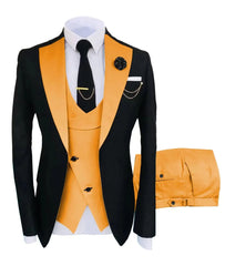 A black slim-fit suit featuring a mustard yellow vest and matching trousers with a notch lapel.