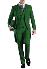 A man wears a solid green three-piece tailcoat suit with a vest, jacket, and trousers.