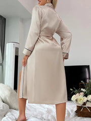 Solid Satin Night Robe Elegant Long Sleeve V Neck Pajamas With Belt Sexy Women Sleepwear - SHOWLU FASHION STORE