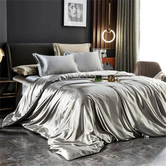 Solid Silk Bedding Set with Duvet Cover Bed Sheet Pillowcases Luxury Satin Single Double Bedsheet King Queen Twin Size - SHOWLU FASHION STORE
