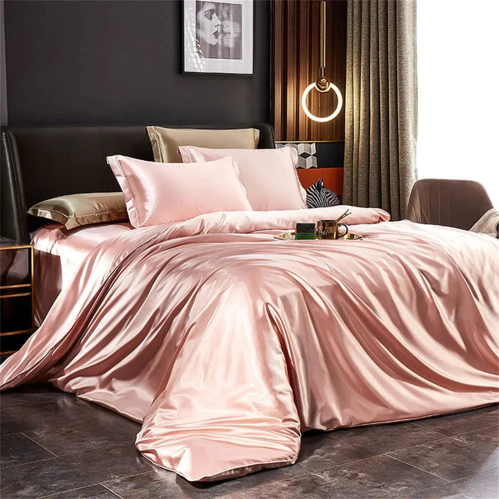 Solid Silk Bedding Set with Duvet Cover Bed Sheet Pillowcases Luxury Satin Single Double Bedsheet King Queen Twin Size - SHOWLU FASHION STORE