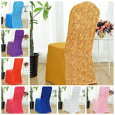 A collection of spandex chair covers featuring a decorative rose-patterned back in various colors.