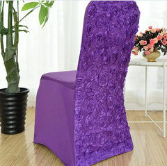 A purple spandex chair cover featuring a textured rose pattern on the backrest.