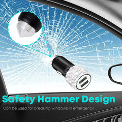 A sparkling dual USB car charger with a pointed metal tip for breaking glass in emergencies.