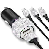 A dual USB car charger decorated with sparkling rhinestones and three attached charging cables.