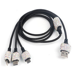 A black multi-connector charging cable featuring decorative rhinestone-encrusted ends.