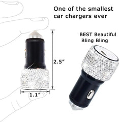 A compact black car charger with a rhinestone-encrusted top, measuring 2.5 inches by 1.1 inches.