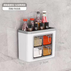 A white and grey four-compartment wall-mountable spice box with a top shelf for bottles.