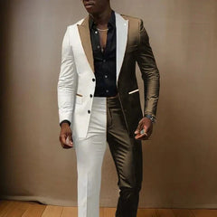 A man wears a two-piece suit featuring a white and brown color-blocked jacket and matching trousers.