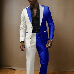 A man wears a two-piece suit featuring a split white and blue color-blocked design.