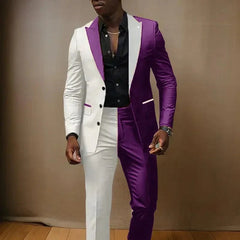A man wears a two-piece suit featuring a split white and purple color-blocked design.