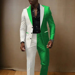 A man wears a two-piece suit featuring a split-color design in white and green.
