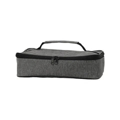 A rectangular gray insulated lunch bag with a top handle and a double zipper closure.