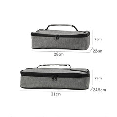 Two gray rectangular insulated lunch bags are shown with their dimensions labeled in centimeters.