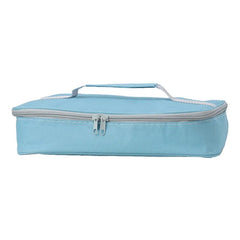 A light blue rectangular insulated lunch bag with a top handle and a double zipper closure.