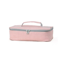 A rectangular pink insulated lunch bag with a top handle and a grey double zipper closure.