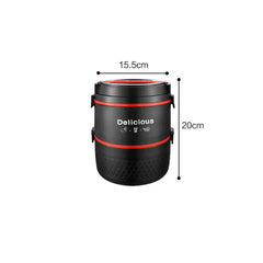 A black stainless steel portable lunch box with a 15.5cm diameter and 20cm height.