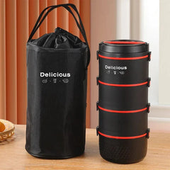 A black, multi-layered stainless steel lunch box set with a matching drawstring carrying bag.