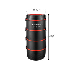 A four-layer black stainless steel portable lunch box with a height of 34cm and width of 15.5cm.