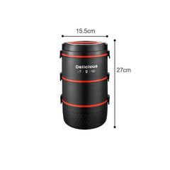 A black three-layer stainless steel portable lunch box with red accents and a 27cm height.