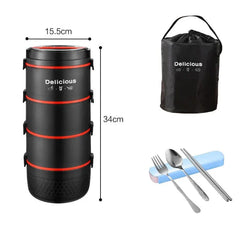 A four-layer black stainless steel lunch box with a carrying bag and cutlery set.