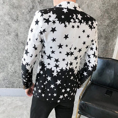 A men's slim fit blazer featuring a black and white star print with a gradient design.