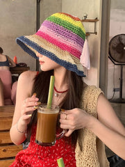 Straw Hat Rainbow Female Summer Japanese Beach Sun - Proof Hat - SHOWLU FASHION STORE