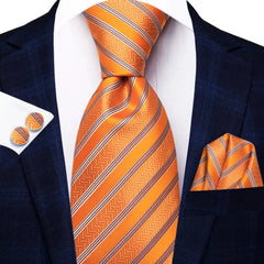 Striped Orange Tie For Men 2023 New Elegant Mens Necktie Pocket Square Cufflinks Groom Wedding Accessory Hi - Tie Design Wholesale - SHOWLU FASHION STORE