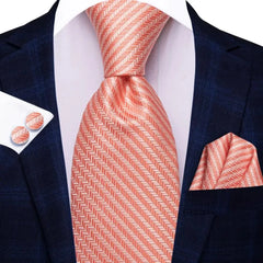 Striped Orange Tie For Men 2023 New Elegant Mens Necktie Pocket Square Cufflinks Groom Wedding Accessory Hi - Tie Design Wholesale - SHOWLU FASHION STORE