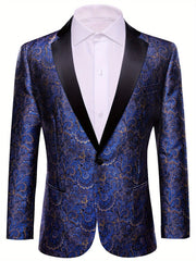 A blue and gold paisley patterned men's blazer with a black notched lapel and single button.