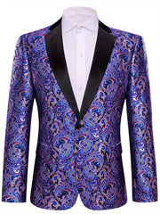 A men's blue paisley patterned blazer with a black notched lapel and single-button closure.