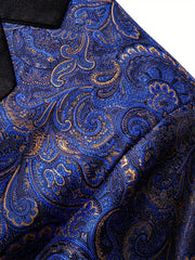 A close-up of a men's blazer featuring a vibrant blue and gold paisley pattern with a black lapel.