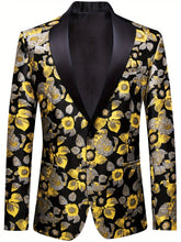 A men's black blazer featuring a yellow and silver floral pattern with a single-button closure.
