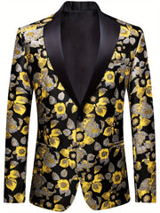A men's black blazer featuring a yellow and silver floral pattern with a single-button closure.