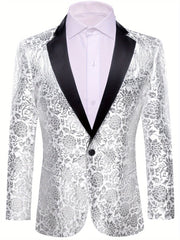 A silver men's blazer featuring a floral pattern, a black notched lapel, and a single-button closure.