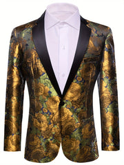A men's single-button blazer featuring a gold and green floral pattern with a black lapel.