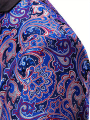 A close-up of a men's blazer featuring a vibrant blue, red, and silver paisley pattern.