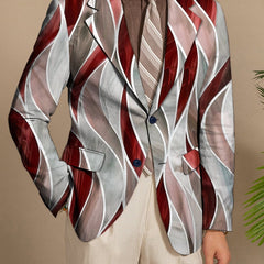 A slim fit men's blazer featuring a red and grey abstract wave print with a lapel collar.