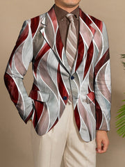 A men's slim fit blazer featuring a red, grey, and white abstract wave print.
