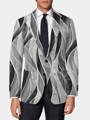A men's slim fit blazer featuring a black and white abstract wave print with a lapel collar.
