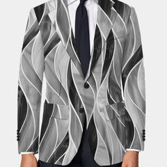 A men's slim fit blazer featuring a black, white, and grey abstract wave print.