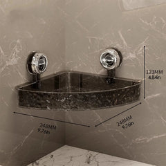 A dark marble-patterned corner shower shelf with two suction cup mounts and dimension labels.
